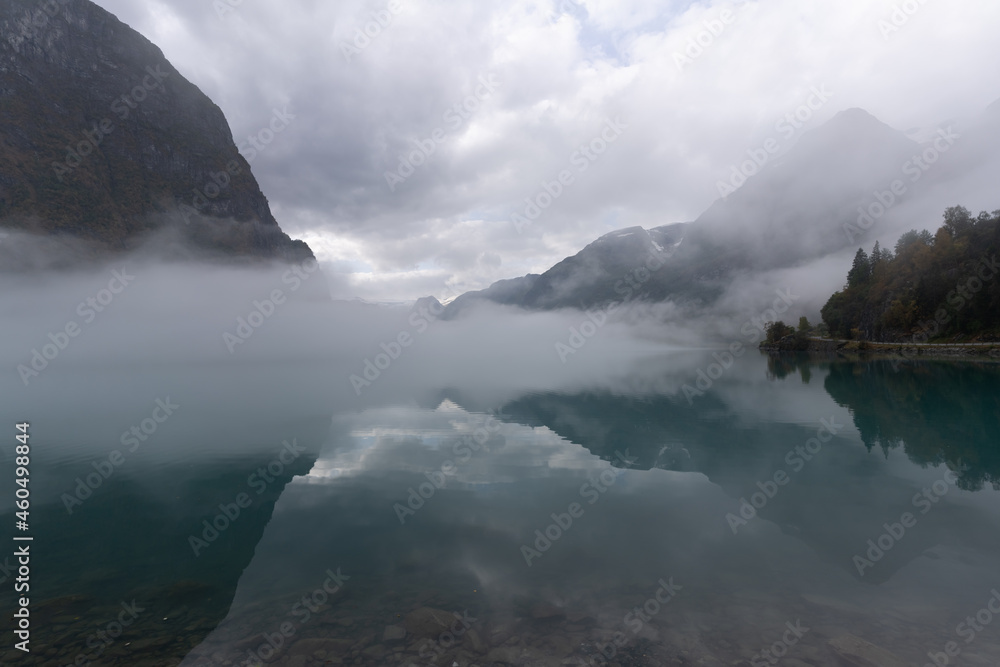 View of the Briksdalsbreen (Briksdal glacier) from the shores of the Oldevatnet Lake, Stryn, Vestland, Norway.