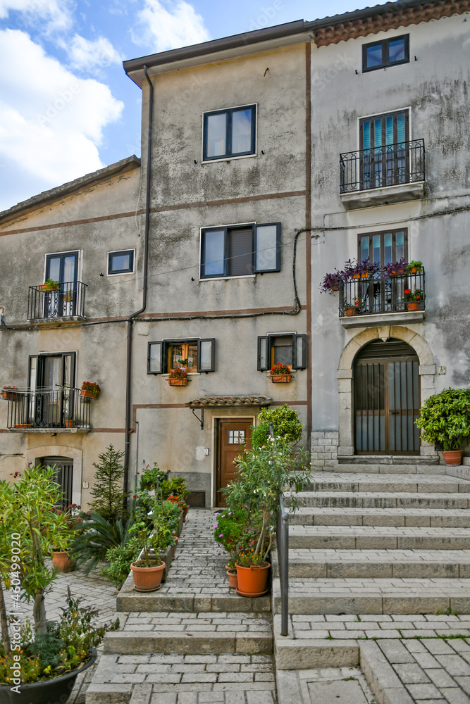 The facade of old houses in Cusano Mutri, a medieval town of Benevento province, Italy.