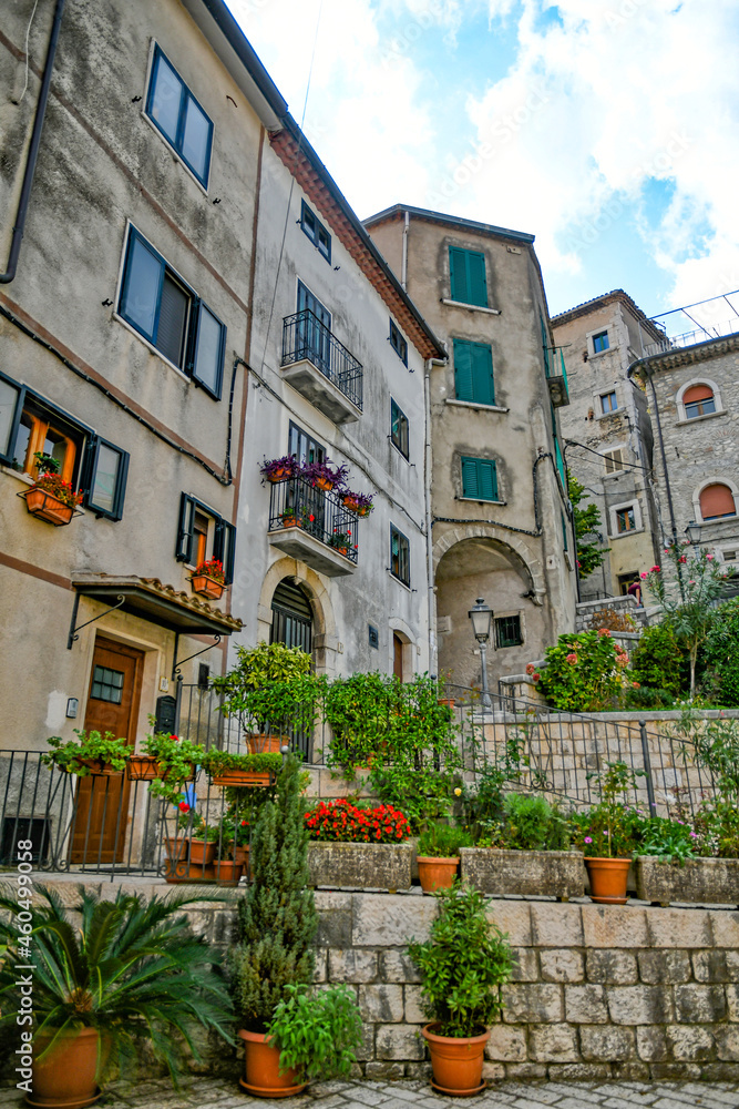 Fototapeta premium The facade of old houses in Cusano Mutri, a medieval town of Benevento province, Italy.