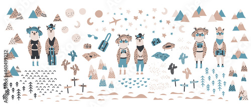 Funny cute set seamless pattern with a llama in a hat against a background of mountains, cacti, and stars. For printing children's textiles, fabrics, decor, gift wrapping .