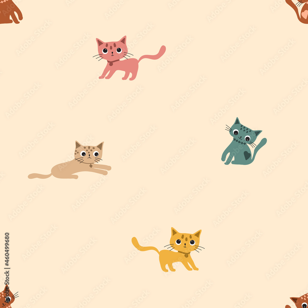 Fototapeta premium Cartoon flat colorfull funny cute seamless pattern with a cats .For printing baby textile, fabrics, design, decor, gift wrapping, paper, baby shower, greeting card,notepad, scrapbooking.