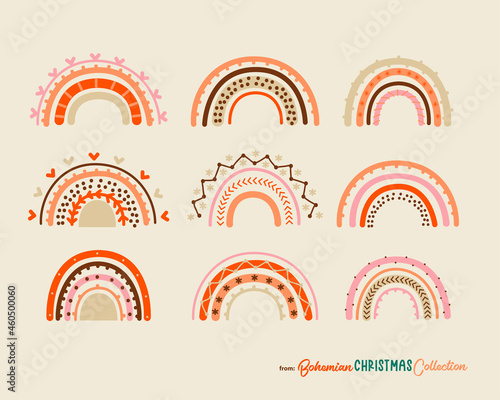Christmas rainbows in boho chic style. Cute rainbows for posters, cards, banners, wall decor and stickers.  Vector illustration.