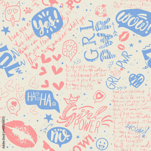 Hand-drawn seamless pattern of fashionable girls. Abstract background with graffiti elements, icons, handwritten doodles, doodle elements. Girlish print for textiles, packaging.