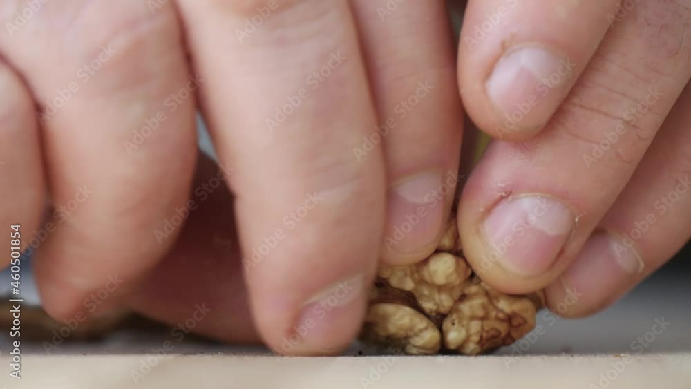 Close-Up Shooting Selecting Cracked Walnuts from the Table. Chopped Nuts Opened with Hands, a Delicious and Tasty Organic Food. Close-Up Shooting Selecting Cracked Walnuts from the Table. Chopped Nuts Opened with Hands, a Delicious and Tasty Organic Food.