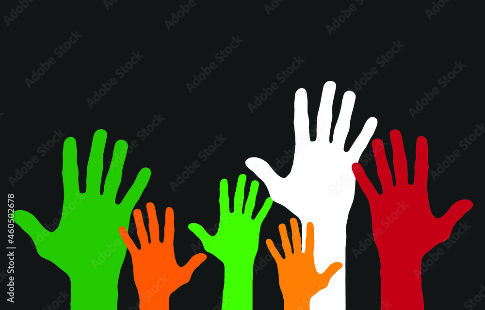 Raised hands in the air and black background, volunteer concept vector illustration