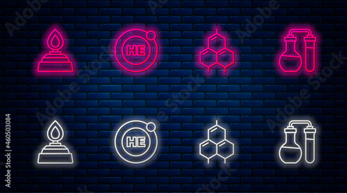 Set line Helium, Chemical formula, Alcohol spirit burner and Test tube. Glowing neon icon on brick wall. Vector