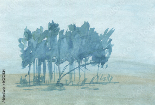 Watercolour paintng of small group of trees in the distance in pastel blue shades. Beautiful artwork for design, web site, card, poster. photo