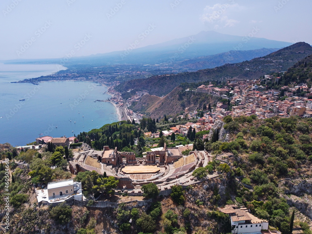 Aerial view of the ancient Greek theatre of Taormina, Sicily, Italy.