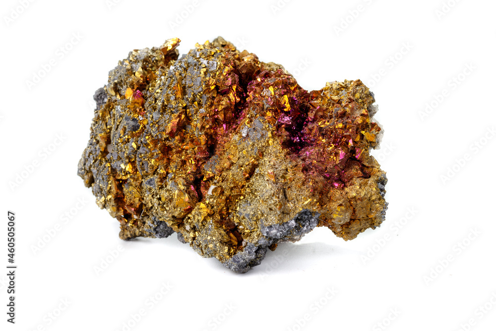 Macro mineral stone  Chalcopyrite on a white background