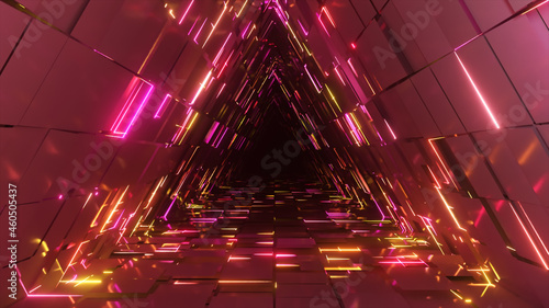 Fototapeta Naklejka Na Ścianę i Meble -  Abstract neon triangle tunnel technological. Endless animated background. Modern neon light. Bright neon lines. Seamless loop 3d render