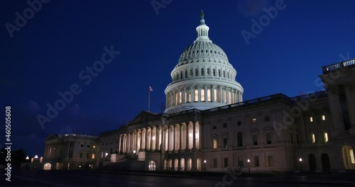 United States Capitol in Washington DC Empty in Front in Covid 19 Pandemic Pan at Blue Hour Night