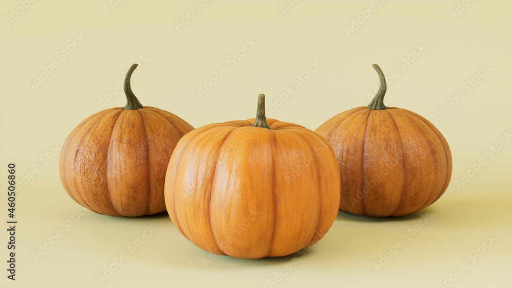 Seasonal background Image. Trio of Pumpkins on Pale Yellow color. Autumn Concept. Seasonal background Image. Trio of Pumpkins on Pale Yellow color. Autumn Concept.