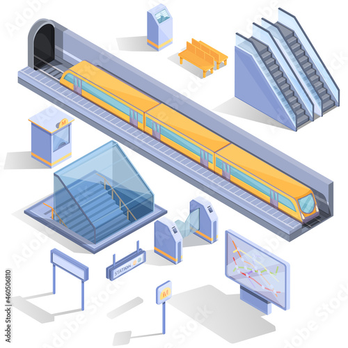 cartoon set of isometric metro icons, vector illustration