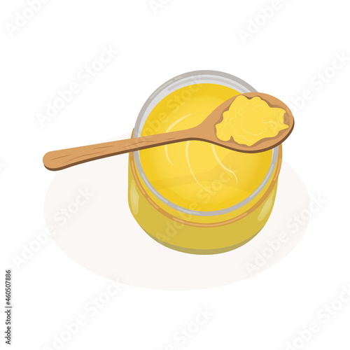 Ghee oil in a jar top view. A wooden spoon with ghee butter lies on a glass jar. Useful natural bright Ayurvedic food. Cartoon flat vector illustration