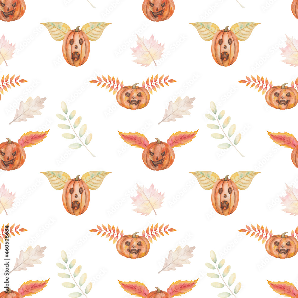 Fototapeta premium Watercolor seamless pattern from hand painted illustration of orange pumpkins with scary faces for Halloween with leaves like wings isolated on white for fabric material, design postcard, packaging
