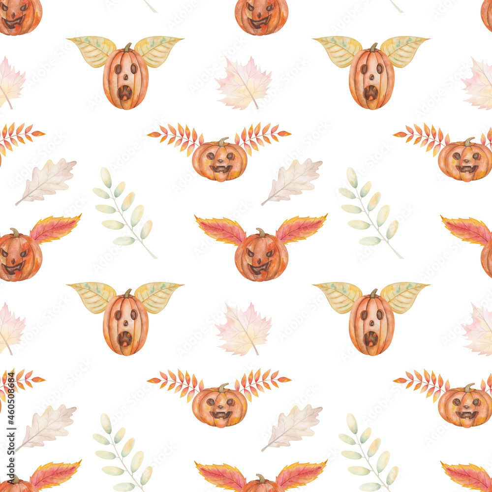 Watercolor seamless pattern from hand painted illustration of orange pumpkins with scary faces for Halloween with leaves like wings isolated on white for fabric material, design postcard, packaging