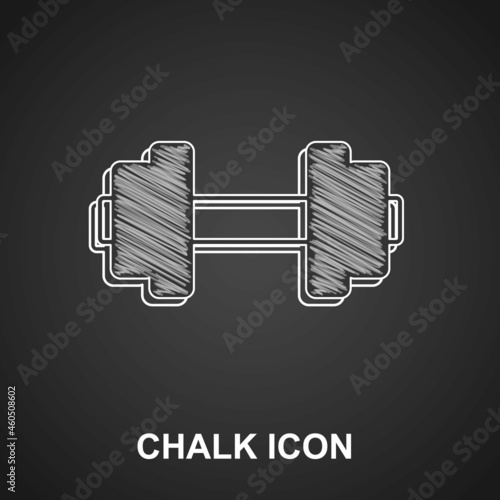 Chalk Dumbbell icon isolated on black background. Muscle lifting icon, fitness barbell, gym, sports equipment, exercise bumbbell. Vector