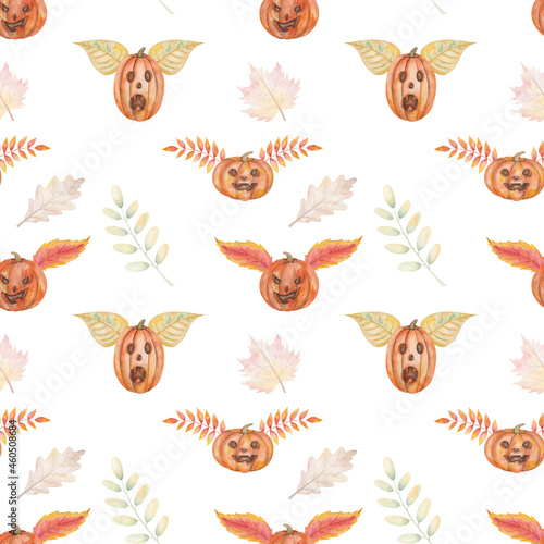 Watercolor seamless pattern from hand painted illustration of orange pumpkins with scary faces for Halloween with leaves like wings isolated on white for fabric material  design postcard  packaging