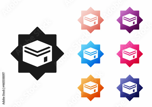 Black Kaaba mosque icon isolated on white background. Kaaba hajj Mecca pray pilgrimage Ramadan Islam muslim mosque. Set icons colorful. Vector