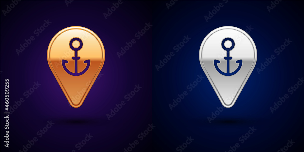 Gold and silver Map pointer with anchor icon isolated on black background. Vector Gold and silver Map pointer with anchor icon isolated on black background. Vector