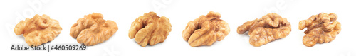 Set with tasty walnuts on white background. Banner design