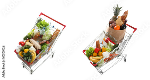 Shopping carts full of groceries on white background, collage