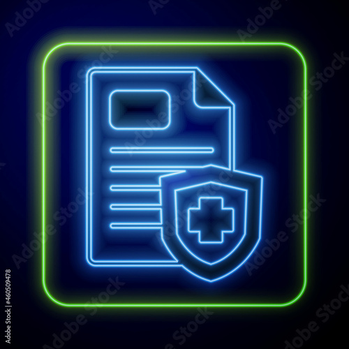 Glowing neon Medical clipboard with clinical record icon isolated on blue background. Prescription, medical check marks report. Vector