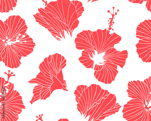 Retro seamless pattern with red blossoms. Texture with inflorescence of hibiscus for fabric, home decor. Floral print with tropical flowers. A drawing with contours of plants. Trendy exotic background
