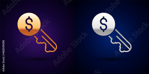 Gold and silver Rent key icon isolated on black background. The concept of the house turnkey. Vector