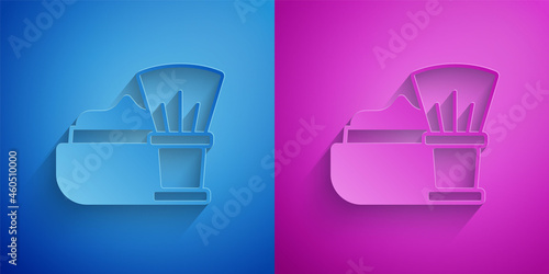 Paper cut Shaving brush with foam icon isolated on blue and purple background. Barbershop symbol. Paper art style. Vector