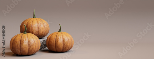 Three Pumpkins on a Dusty Pink colored background. Fall themed Banner with copy-space.