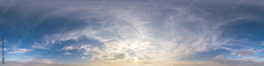 hdri 360 panorama of sunset sky with white beautiful clouds in seamless projection with zenith for use in 3d graphics or game development as sky dome or edit drone shot for sky replacement