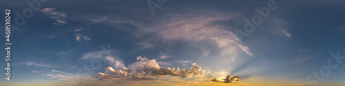 hdri 360 panorama of sunset sky with white beautiful clouds in seamless projection with zenith for use in 3d graphics or game development as sky dome or edit drone shot for sky replacement photo