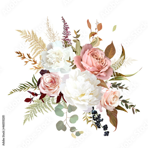 Trendy dried leaves, blush pink rose, white peony and carnation, astilbe, pampas grass