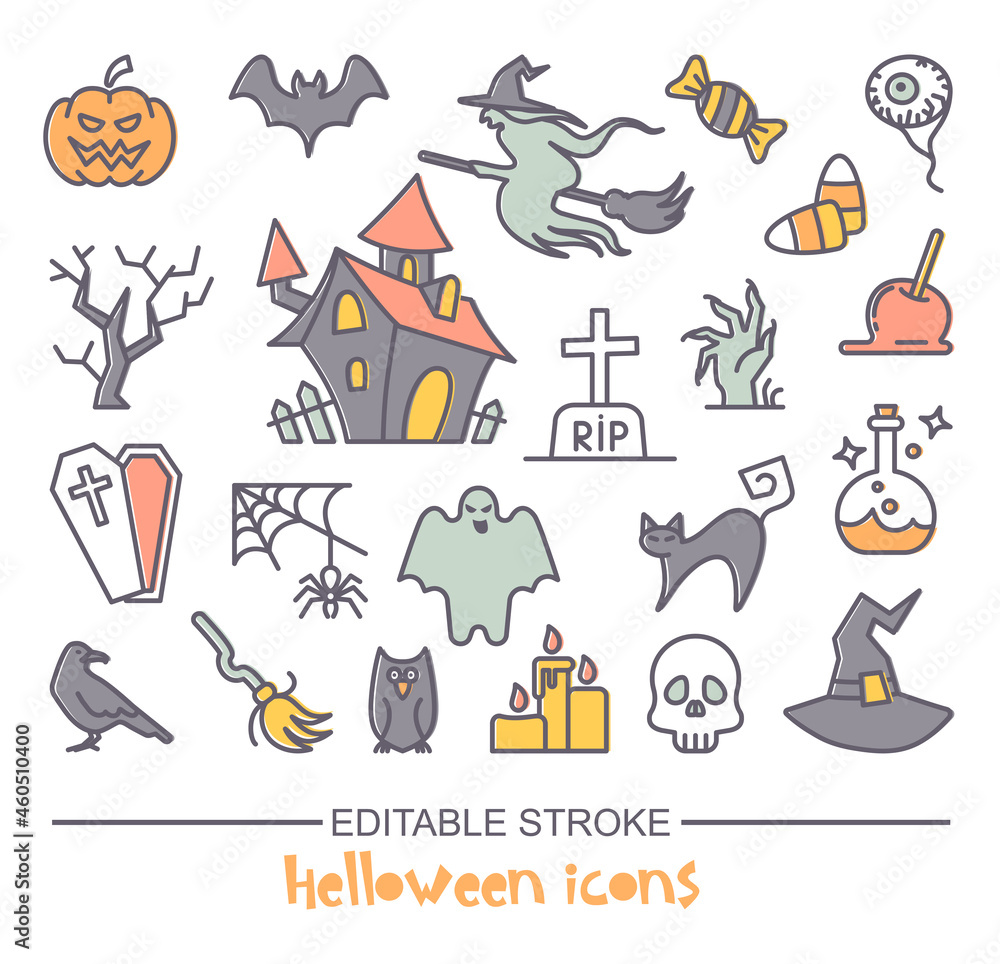 Linear icons with editable outline. Traditional Halloween symbols. Vector icons Linear icons with editable outline. Traditional Halloween symbols. Vector icons