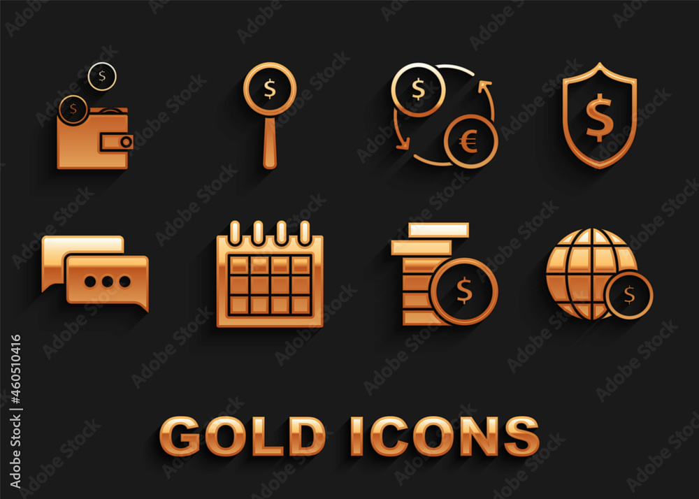 Set Calendar, Shield with dollar symbol, Earth globe, Coin money, Speech bubble chat, Money exchange, Wallet coins and Magnifying glass and icon. Vector Set Calendar, Shield with dollar symbol, Earth globe, Coin money, Speech bubble chat, Money exchange, Wallet coins and Magnifying glass and icon. Vector