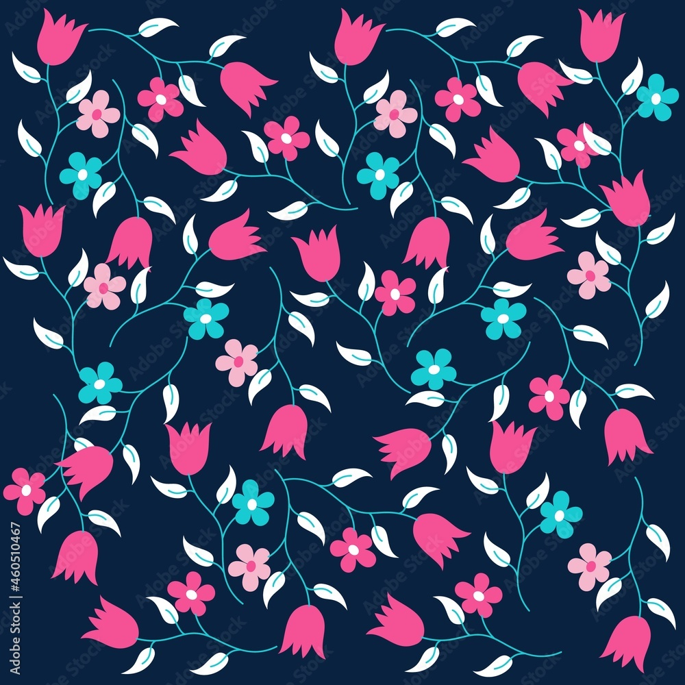 Flowers with colors in pattern design and navy background spring Flowers with colors in pattern design and navy background spring