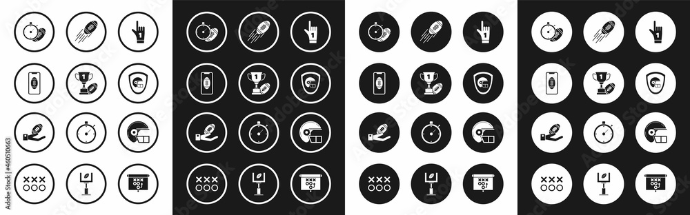 Set Number 1 one fan hand glove with finger raised, Award cup American football ball, Smartphone american the screen, Football stopwatch, helmet shield, and icon. Vector Set Number 1 one fan hand glove with finger raised, Award cup American football ball, Smartphone american the screen, Football stopwatch, helmet shield, and icon. Vector
