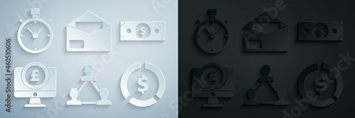 Set Project team base, Stacks paper money cash, Computer monitor with pound sterling symbol, Coin dollar, Envelope and Stopwatch icon. Vector