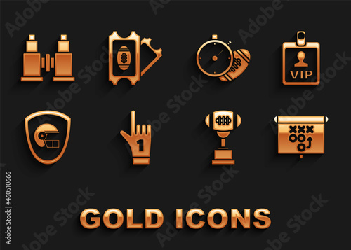 Set Number 1 one fan hand glove with finger raised, VIP badge, Planning strategy concept, Award cup American football ball, helmet shield, Football stopwatch, Binoculars and ticket icon. Vector