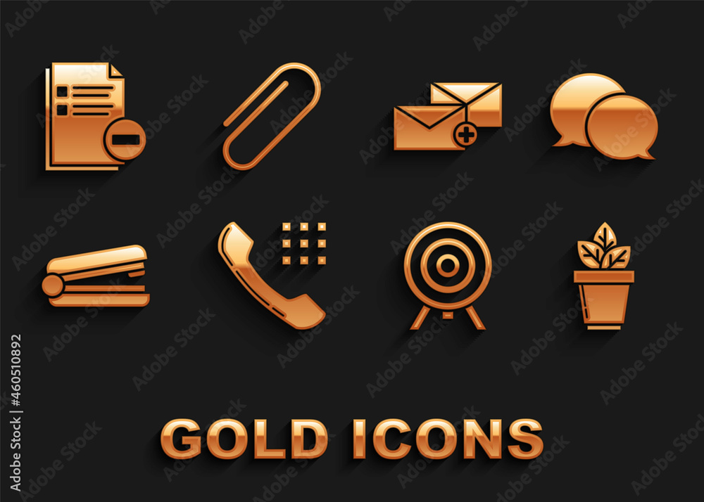 Set Telephone handset, Speech bubble chat, Flowers in pot, Target, Office stapler, Envelope, Document with minus and Paper clip icon. Vector Set Telephone handset, Speech bubble chat, Flowers in pot, Target, Office stapler, Envelope, Document with minus and Paper clip icon. Vector