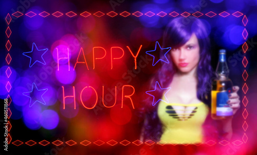 Blur Background Bartender and Neon Lights Happy Hour Sign