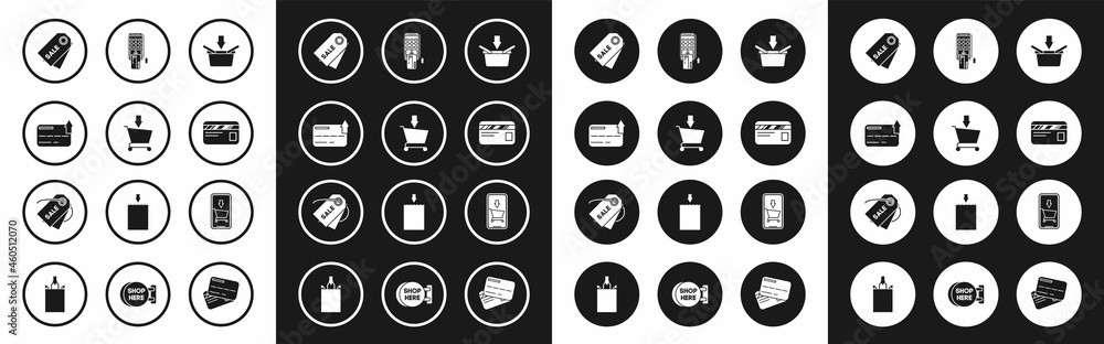Set Shopping basket, Add to cart, Credit card, Price tag with an inscription Sale, Pos terminal inserted credit, Mobile phone and shopping and icon. Vector