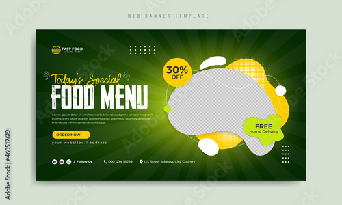 Fast food business marketing social media web banner template design with abstract geometric background, restaurant logo and icon. Pizza, burger, healthy food & drink online sale promotion flyer.  