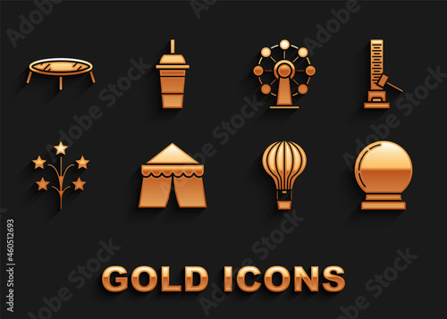 Set Circus tent, High striker attraction with big hammer, Magic ball, Hot air balloon, Fireworks, Ferris wheel, Jumping trampoline and Paper glass drinking straw and water icon. Vector
