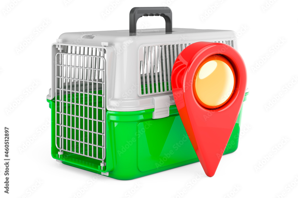 Pet travel plastic cage with map pointer. 3D rendering Pet travel plastic cage with map pointer. 3D rendering