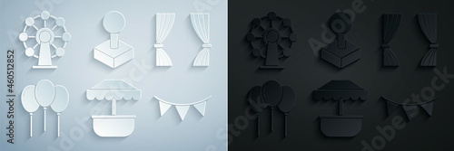Set Attraction carousel, Curtain, Balloons with ribbon, Carnival garland flags, Joystick for arcade machine and Ferris wheel icon. Vector