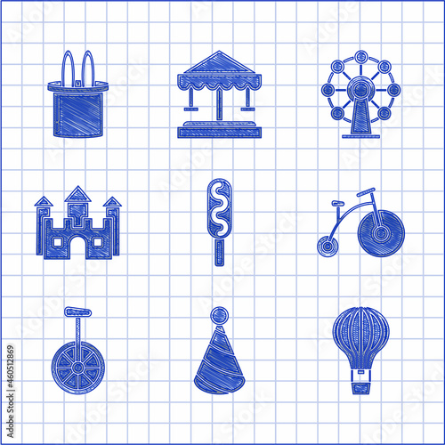 Set Corn dog, Party hat, Hot air balloon, Vintage bicycle with one big wheel and one small, Unicycle, Castle, Ferris and Magician rabbit ears icon. Vector