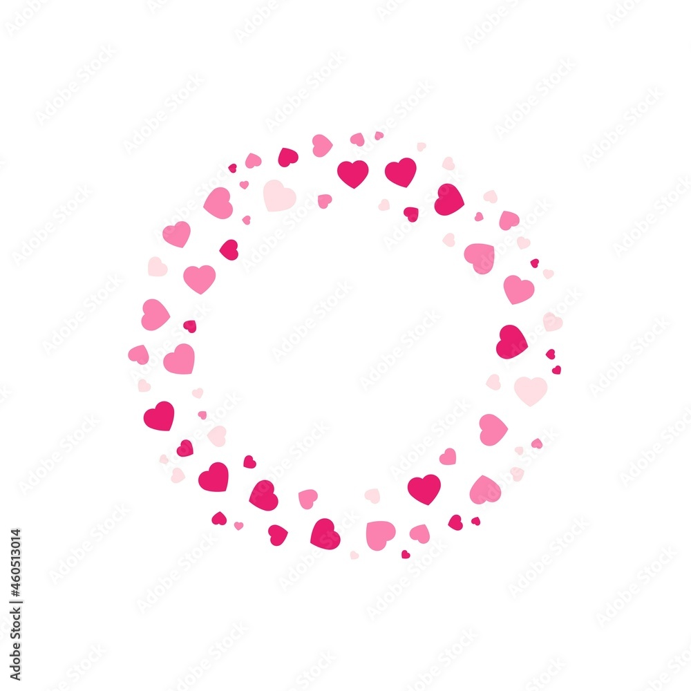 Colorful geometric hearts frame - wreath. Abstract vector background with colorful hearts shapes consisting of spherical geometric particles. Hearts frame's colorful halftone. Valentine's Day.