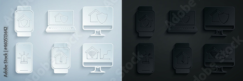 Set Smart watch with house temperature, Computer monitor under protection, Mobile phone smart and alarm, home wi-fi, Laptop and icon. Vector